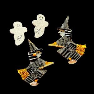 Halloween Earrings – Set of 2 Pair (Witch on Broom and Ghost “Boo”)